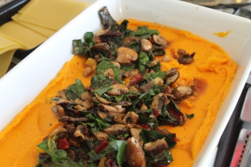 Creamy squash purée with the chard/mushroom mix on top. But you can layer it how you wish.